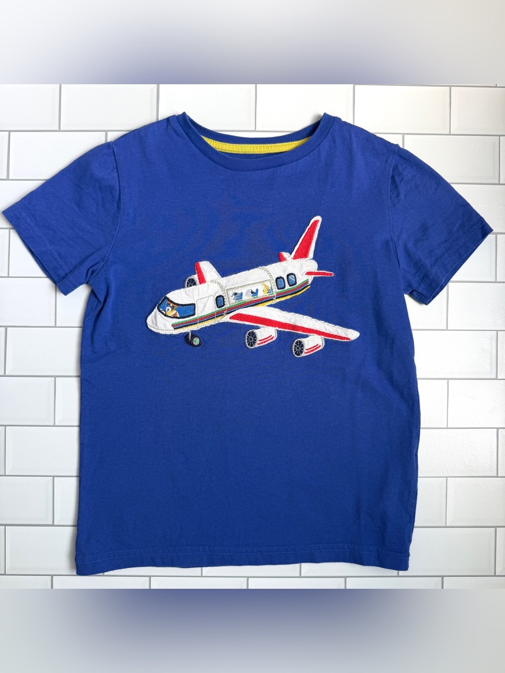 6-7✈️ Mini Boden Boys Appliqué Plane Blue  T-shirt Blue Heron Areoplane